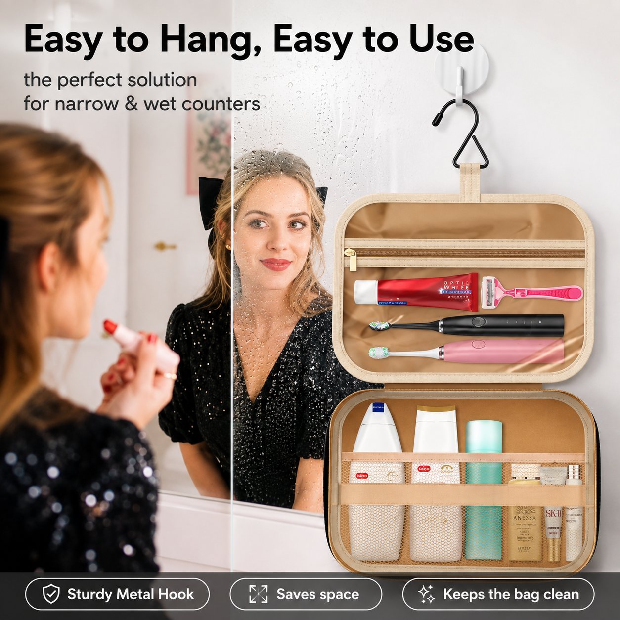 Large Travel Cosmetic Bag with Waterproof Hanging Hook